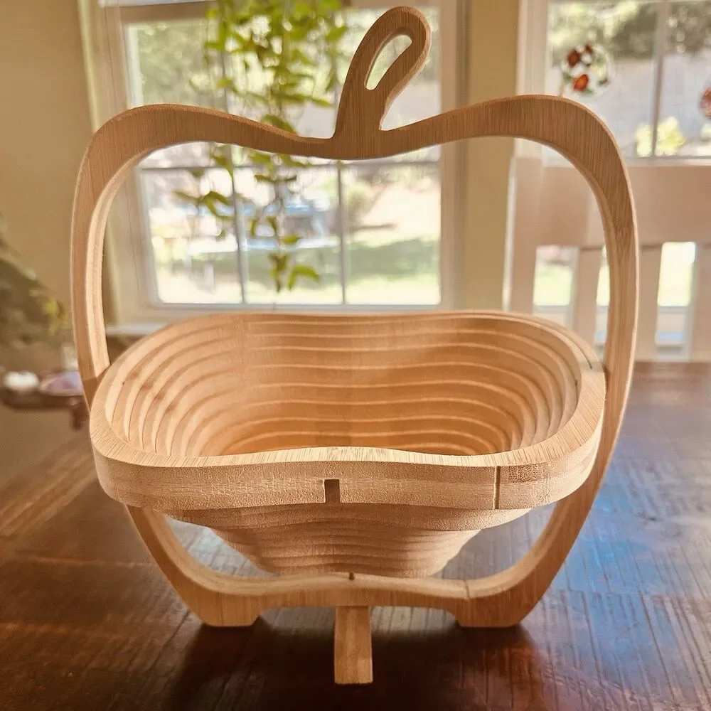 Collapsible Bamboo Fruit Basket Apple Shaped Folding Wood Bowl Trivet VTG Style